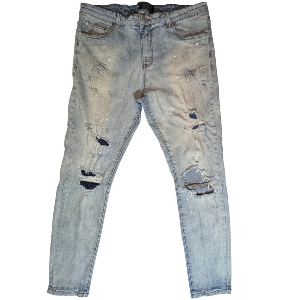 THRT Distressed Splatter Jeans Men 40x32 Lt Wash Ripped Distressed Grunge Street